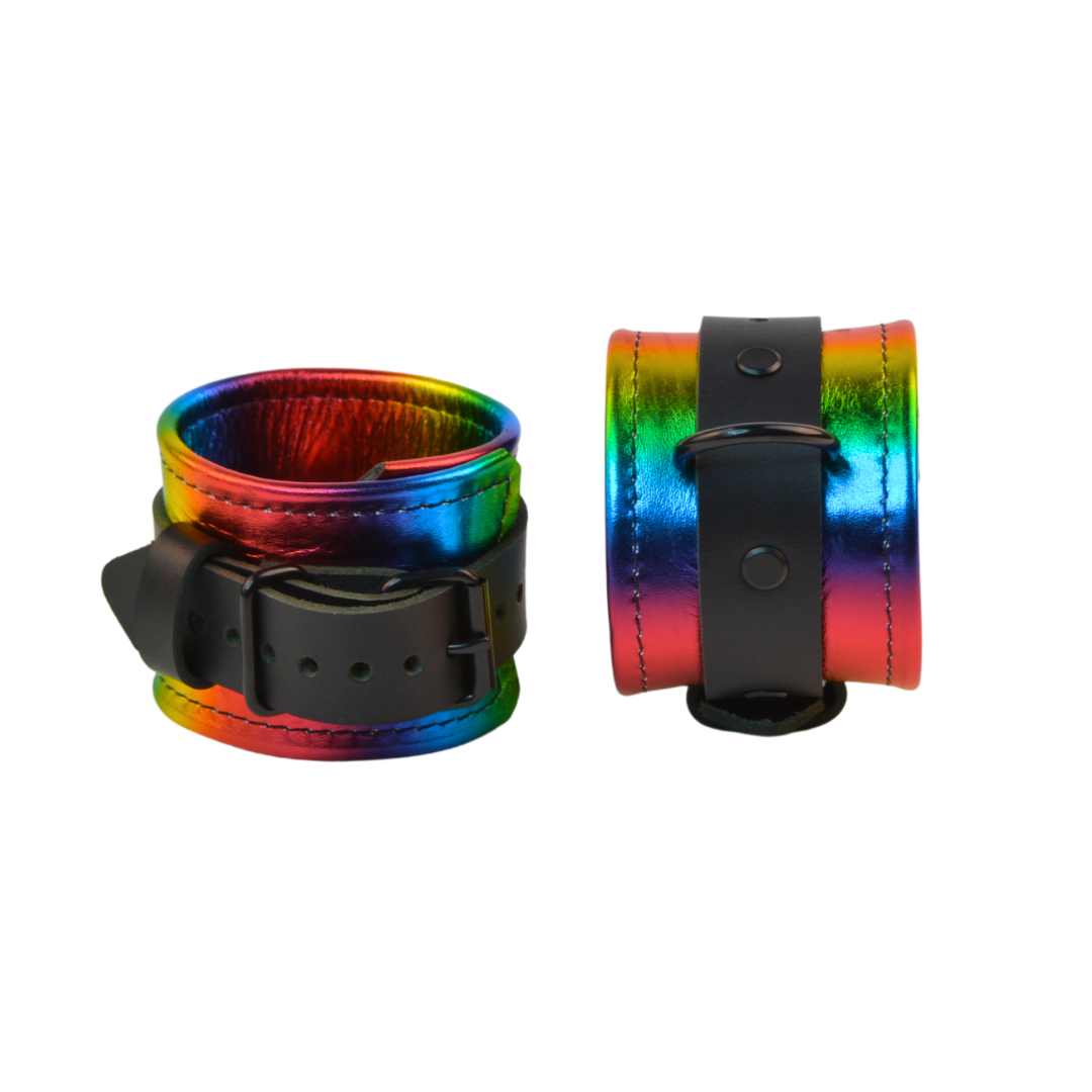 Vallera Leather Metallic Rainbow Wrist Cuffs - USA